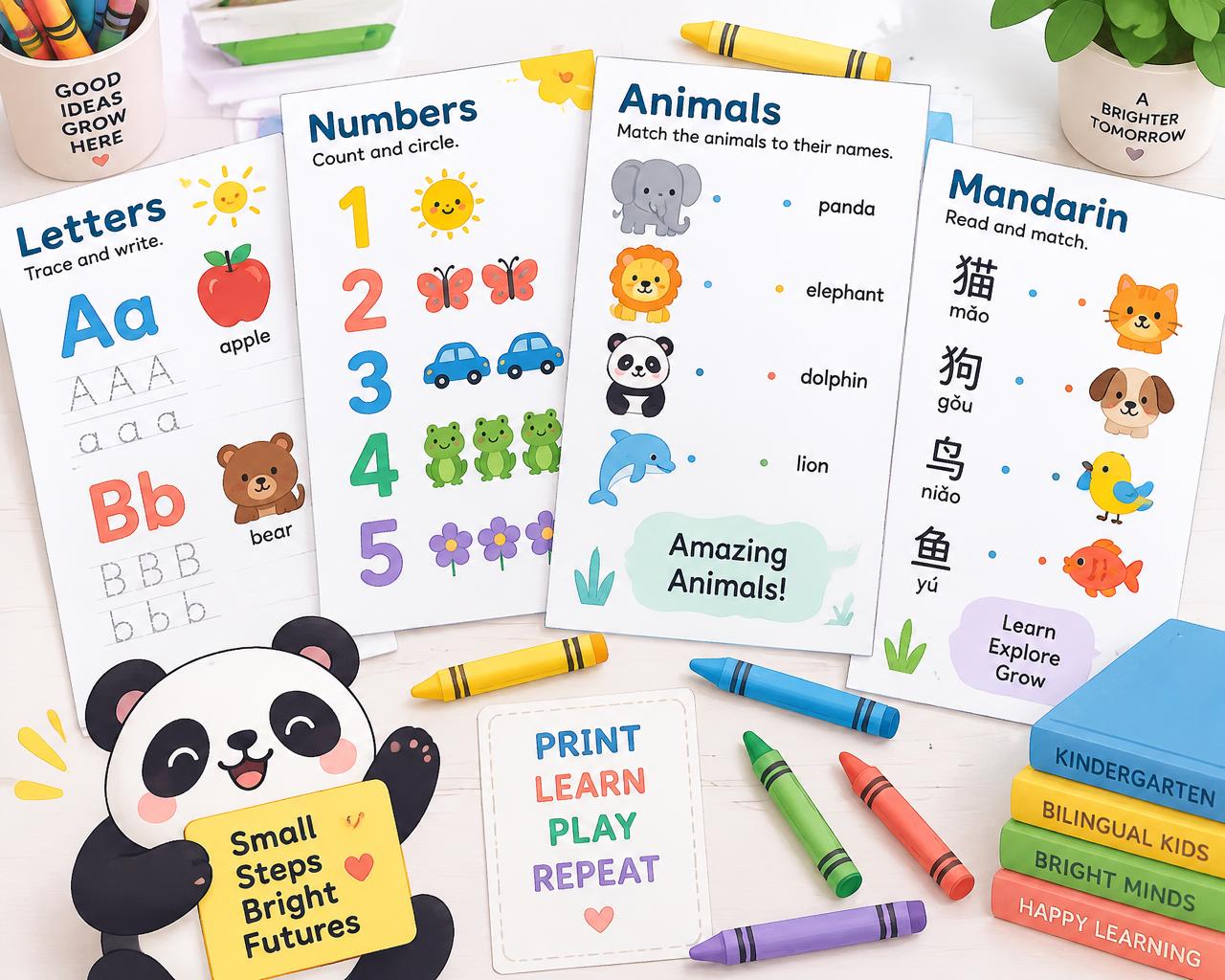 Folhas de atividades imprimíveis com letras, números, animais e palavras em inglês e mandarim, ao lado de lápis de cor e um panda de papel